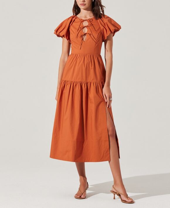 ASTR The Label Dresses & Skirts - Astr the Label Aine Bow-Tie Puff-Sleeve Cotton Midi Dress Copper Medium